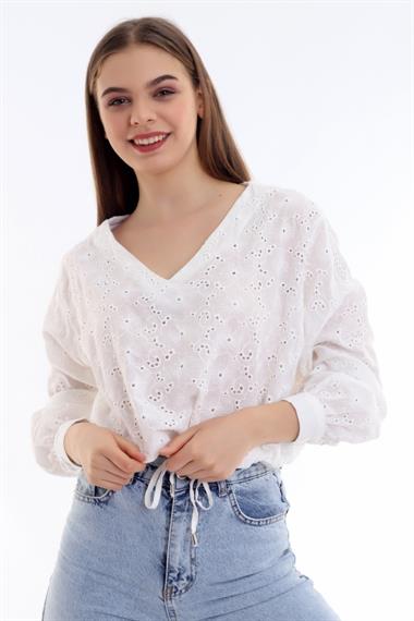 Wholesale White Embroidered Waist Tie Blouse