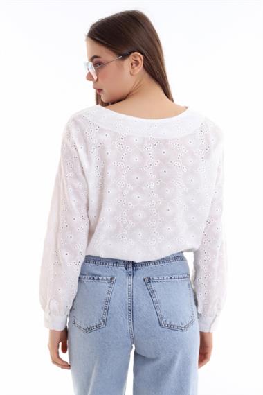Wholesale White Embroidered Waist Tie Blouse