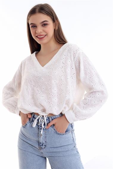 Wholesale White Embroidered Waist Tie Blouse