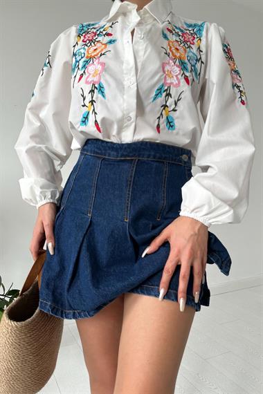 Toptan Beyaz Çiçek Nakışlı Gömlek