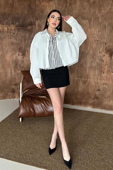 Toptan Beyaz Çizgi Garnili Oversıze Gömlek