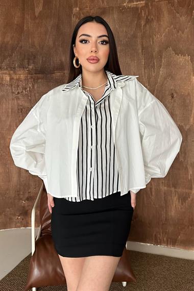 Toptan Beyaz Çizgi Garnili Oversıze Gömlek