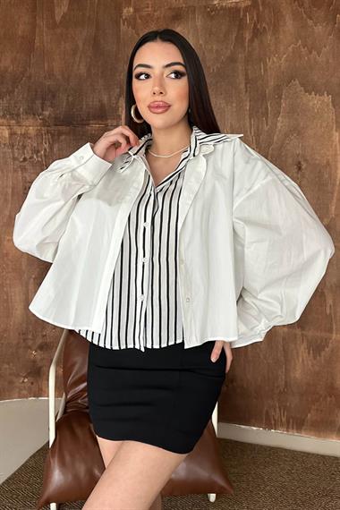 Toptan Beyaz Çizgi Garnili Oversıze Gömlek