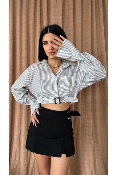 Toptan Beyaz Çizgili Poplin Kemerli Gömlek