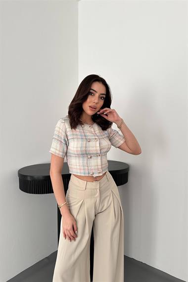 Toptan Beyaz Çizgili ve Düğmeli Bluz