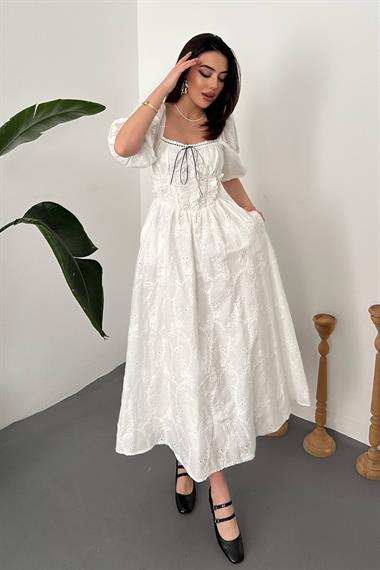 Toptan Beyaz Dantel Detaylı Brode Elbise