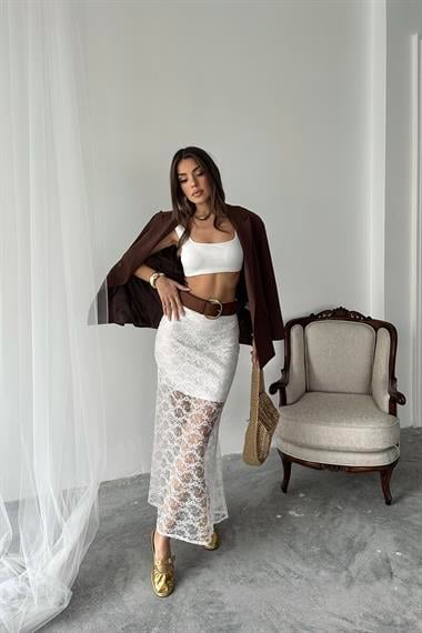 Toptan Beyaz Dantel Detaylı Etek