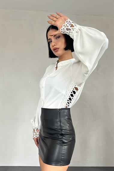 Wholesale White Lace Detailed Judge Collar Shirt