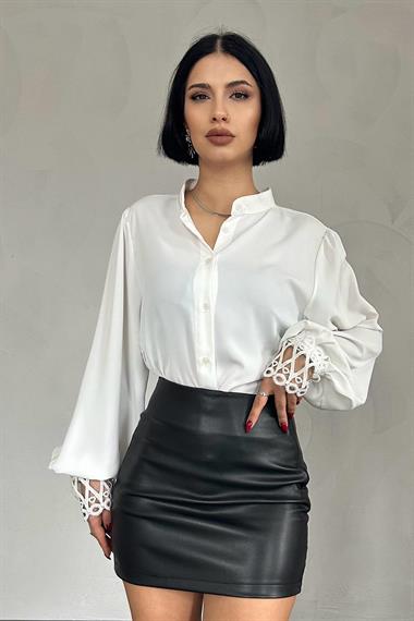 Wholesale White Lace Detailed Judge Collar Shirt