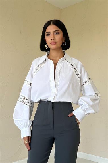 Wholesale White Lace Detailed Poplin Shirt