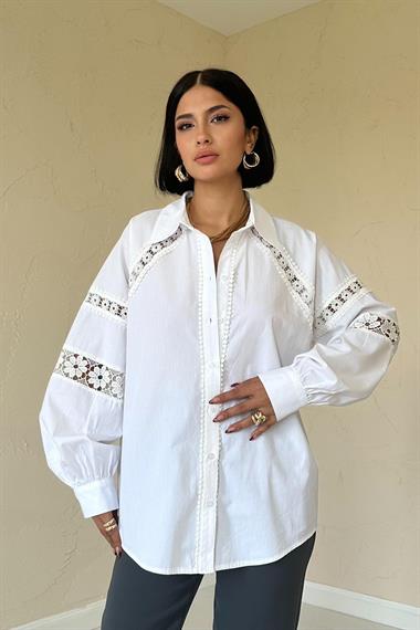 Wholesale White Lace Detailed Poplin Shirt