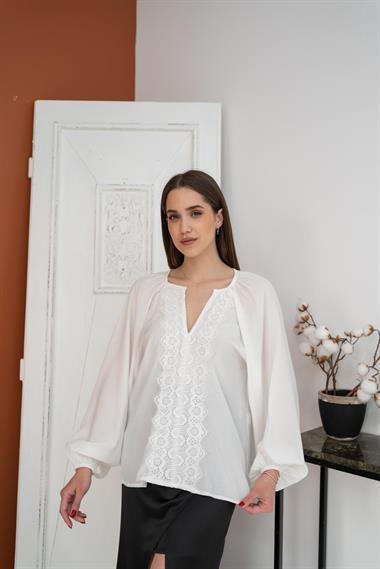 Toptan Beyaz Dantelli Gömlek