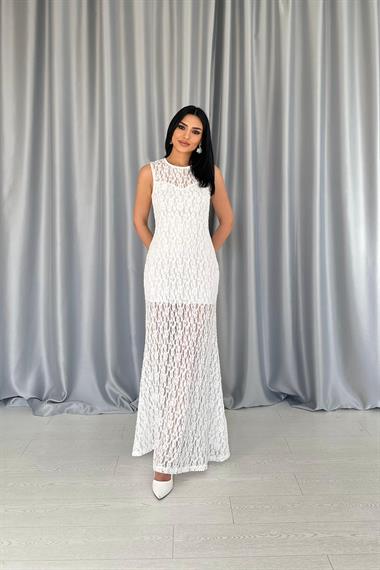 Toptan Beyaz Dantelli Kolsuz Elbise