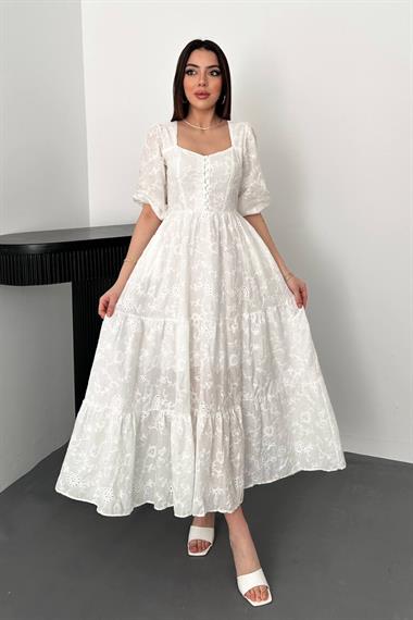 Toptan Beyaz Düğmeli Brode Elbise