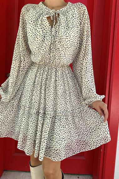 Toptan Beyaz Eteği Katlı Puantiyeli Elbise