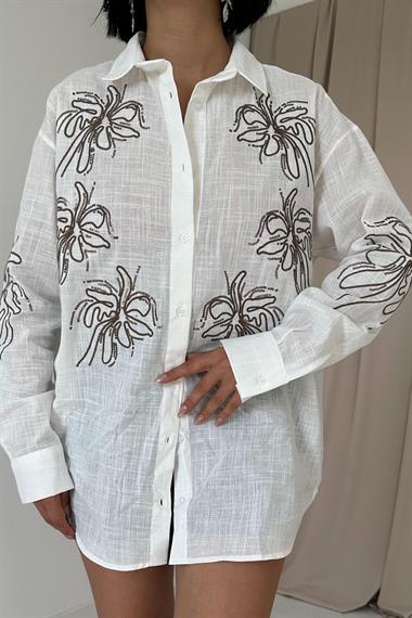 Wholesale White Flamed Linen Embroidered Sequined Shirt