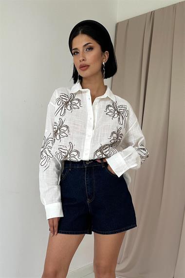 Wholesale White Flamed Linen Embroidered Sequined Shirt
