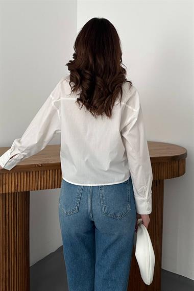 Toptan Beyaz Fleto Cepli Poplin Gömlek