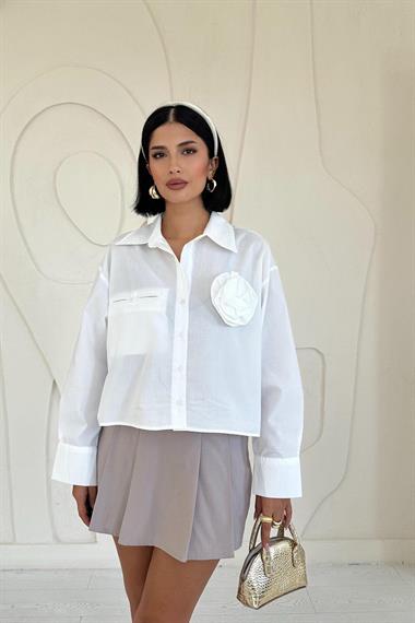 Toptan Beyaz Fleto Cepli Poplin Gömlek