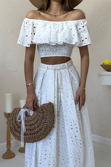 Toptan Beyaz Gipeli Bluz Etek Takım