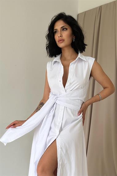 Toptan Beyaz Gömlek Yaka Bağlamalı Elbise