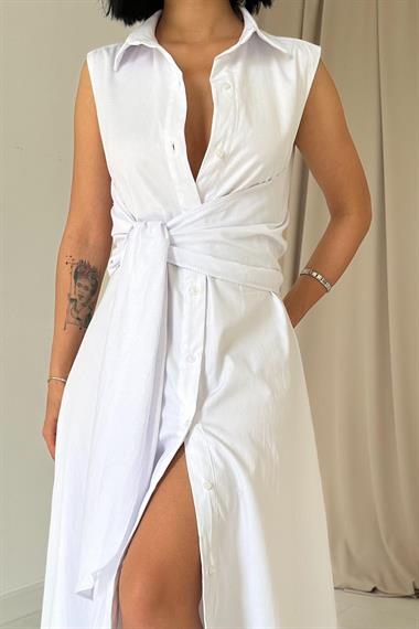 Toptan Beyaz Gömlek Yaka Bağlamalı Elbise