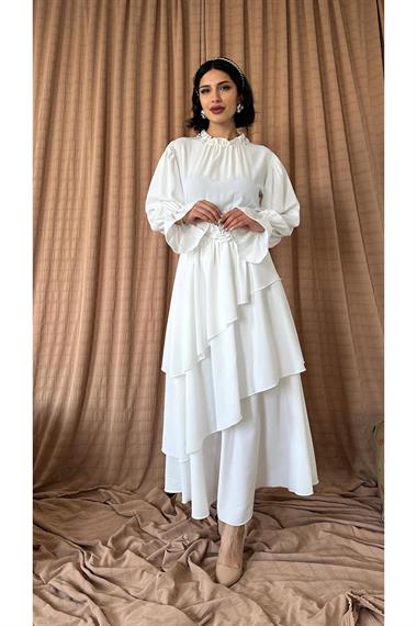 Toptan Beyaz Gül Kemerli Kat Kat Elbise