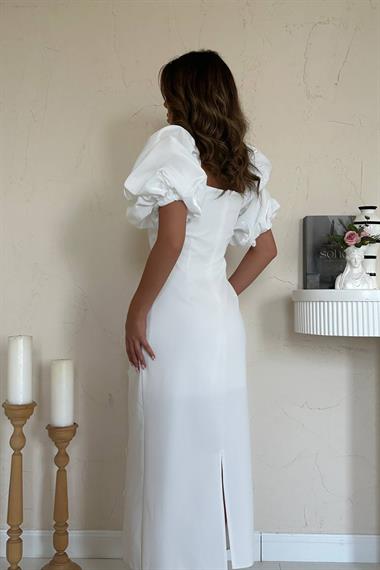 Toptan Beyaz İşlemeli Kolu Garnili Elbise