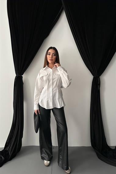 Toptan Beyaz Kapaklı Pileli Gömlek