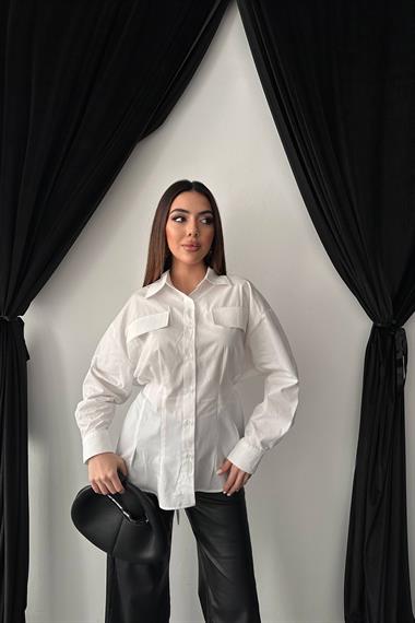 Toptan Beyaz Kapaklı Pileli Gömlek