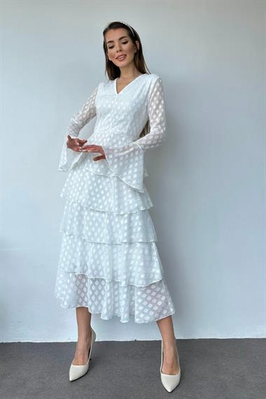 Toptan Beyaz Kat Kat Puantiyeli Elbise