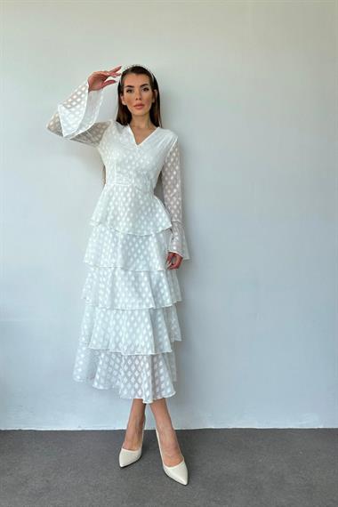 Toptan Beyaz Kat Kat Puantiyeli Elbise