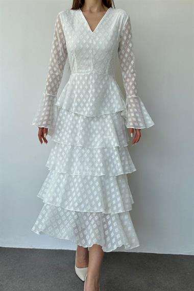 Toptan Beyaz Kat Kat Puantiyeli Elbise