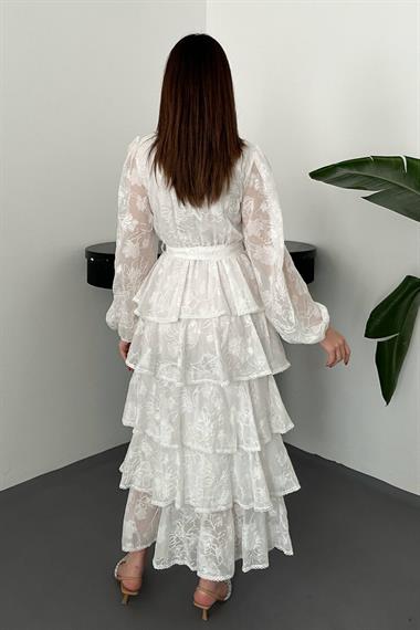 Toptan Beyaz Kat Kat Volanlı Elbise