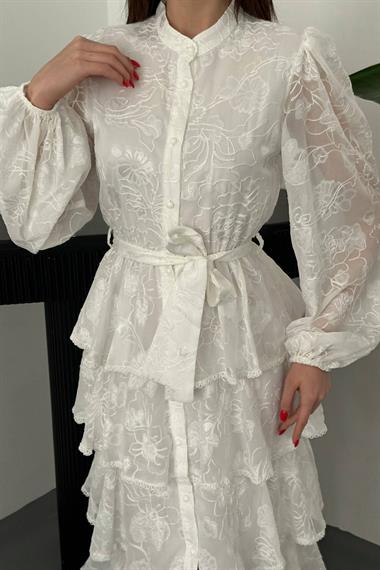 Toptan Beyaz Kat Kat Volanlı Elbise