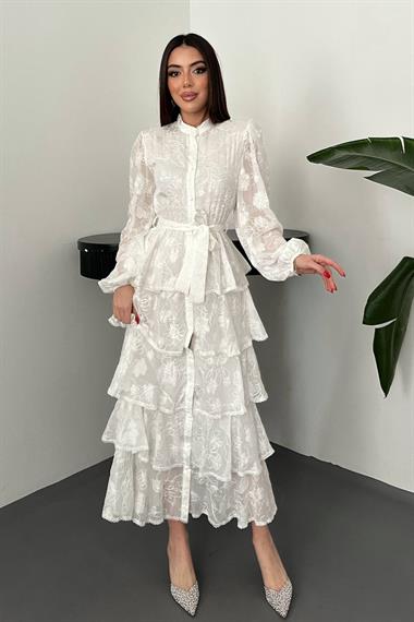 Toptan Beyaz Kat Kat Volanlı Elbise