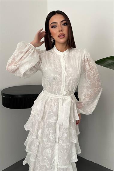 Toptan Beyaz Kat Kat Volanlı Elbise