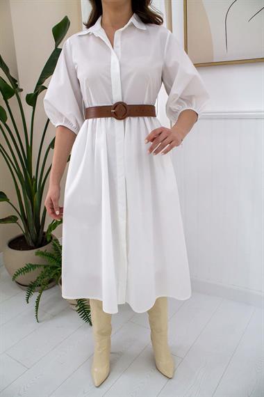 Toptan Beyaz Kemerli Midi Boy Elbise