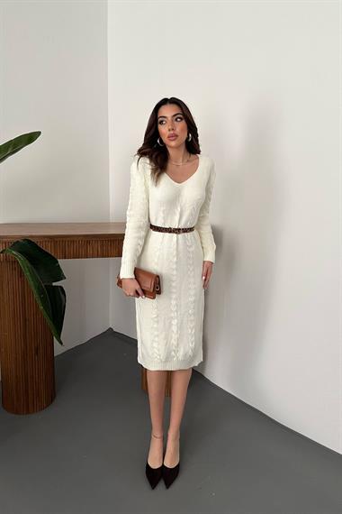 Toptan Beyaz Kemerli Triko Elbise
