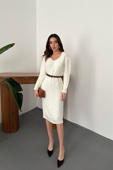 Toptan Beyaz Kemerli Triko Elbise