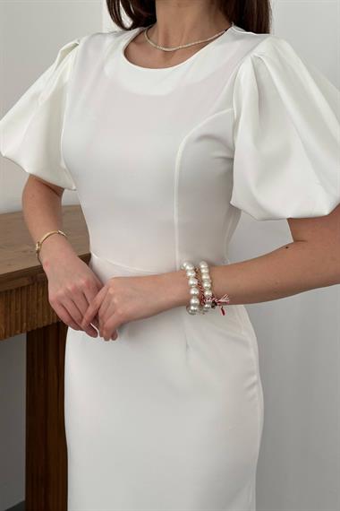 Toptan Beyaz Kolları Balon Elbise