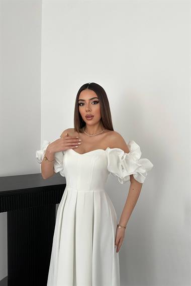 Toptan Beyaz Kolları Balon Pileli Atlas Elbise