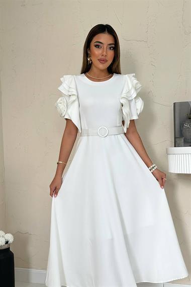 Toptan Beyaz Kolları Volanlı Kemerli Elbise