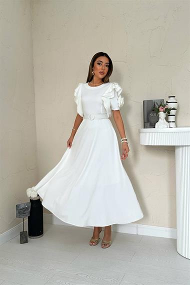 Toptan Beyaz Kolları Volanlı Kemerli Elbise