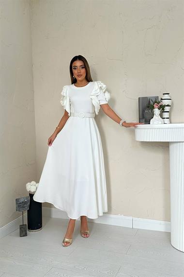 Toptan Beyaz Kolları Volanlı Kemerli Elbise