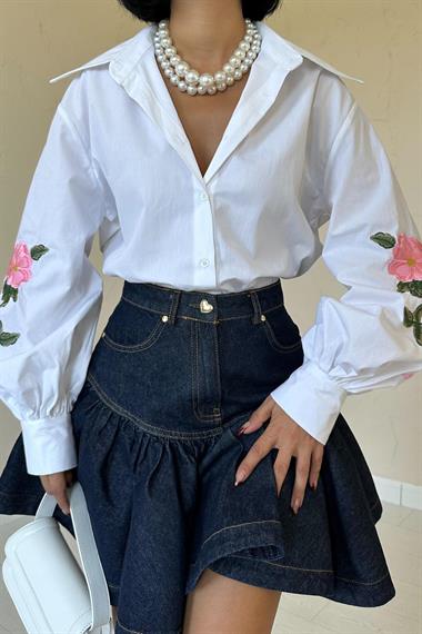 Wholesale White Shirt with Rose Embroidery on Sleeves