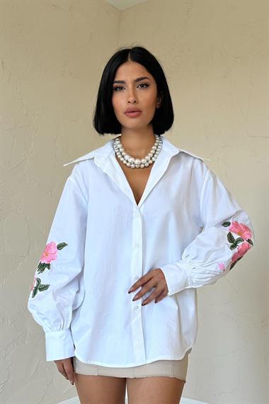 Wholesale White Shirt with Rose Embroidery on Sleeves