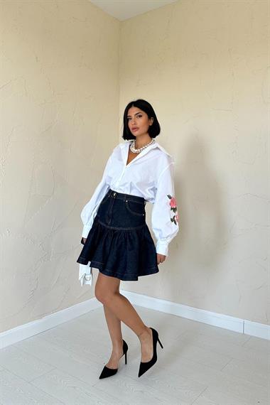 Wholesale White Shirt with Rose Embroidery on Sleeves