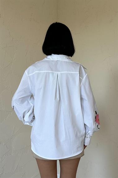 Wholesale White Shirt with Rose Embroidery on Sleeves