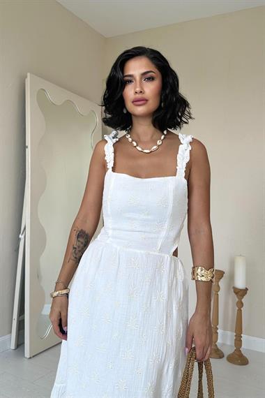 Toptan Beyaz Kolu Fırfırlı Bağlamalı Elbise